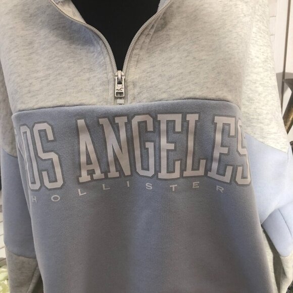 Hollister cropped sweatshirt cotton blue gray color block 1/4 zip mock neck sz M - Picture 7 of 7
